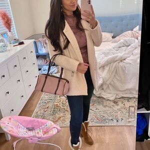 Bebe Cream Wool Boucle Sherpa zip up Jacket Asymmetrical XS